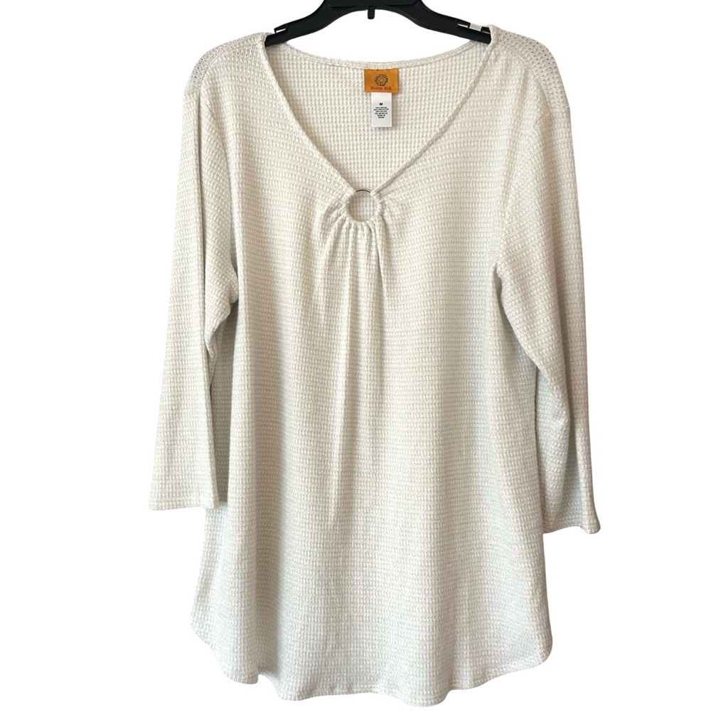 NWT Ruby Rd. Ivory "Alabaster" Pullover Knit Sweater Silver Metallic Threads